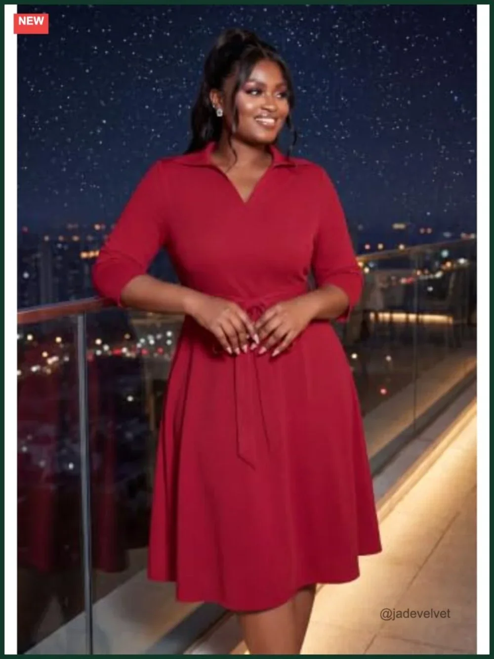 Plus Size A-Line Midi Dress with Pockets and Belt, 3/4 Flutter Sleeve